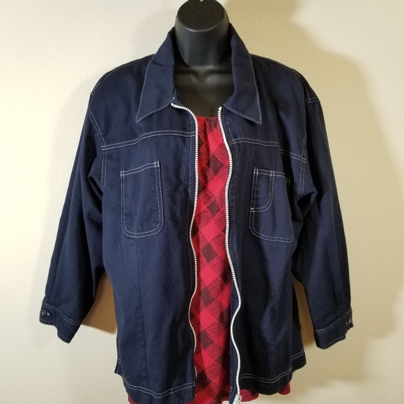 Vintage, On Que, Blue Cotton with White Stitching Zippered Jacket, large - Picture 2 of 10